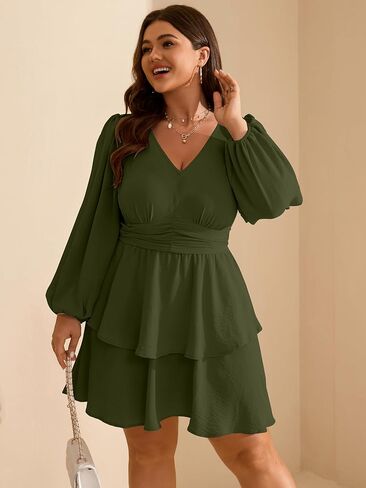 RWJ Plus Size Dresses for Curvy Women V Neck Long Sleeve Elastic Waist Fall Wedding Guest Layer Casual Mini Dress in Saudi Arabia