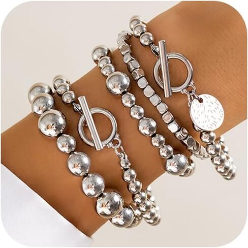 5Pcs Stack Gold Beaded Stretch Bracelets Set for Women Vintage Stackable OT Buckle Bangles Coin Disc Statement Bracelet Trendy Elastic Jewelry Gifts in Saudi Arabia