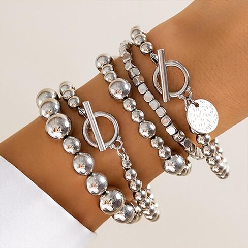 5Pcs Stack Gold Beaded Stretch Bracelets Set for Women Vintage Stackable OT Buckle Bangles Coin Disc Statement Bracelet Trendy Elastic Jewelry Gifts in Saudi Arabia
