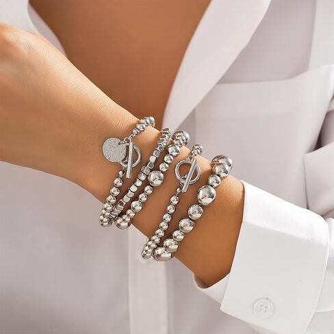 5Pcs Stack Gold Beaded Stretch Bracelets Set for Women Vintage Stackable OT Buckle Bangles Coin Disc Statement Bracelet Trendy Elastic Jewelry Gifts in Saudi Arabia