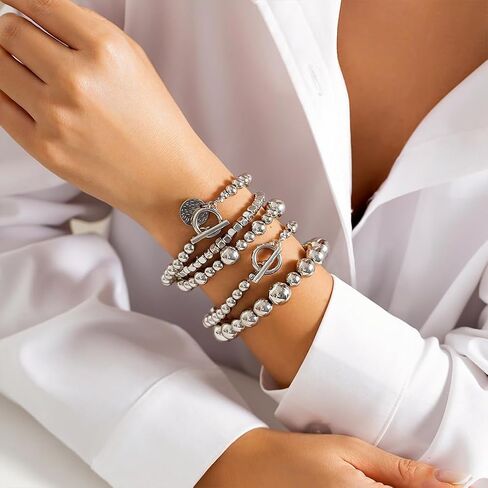 5Pcs Stack Gold Beaded Stretch Bracelets Set for Women Vintage Stackable OT Buckle Bangles Coin Disc Statement Bracelet Trendy Elastic Jewelry Gifts in Saudi Arabia