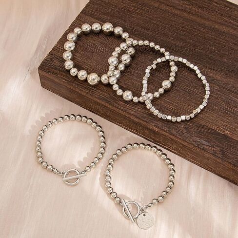 5Pcs Stack Gold Beaded Stretch Bracelets Set for Women Vintage Stackable OT Buckle Bangles Coin Disc Statement Bracelet Trendy Elastic Jewelry Gifts in Saudi Arabia