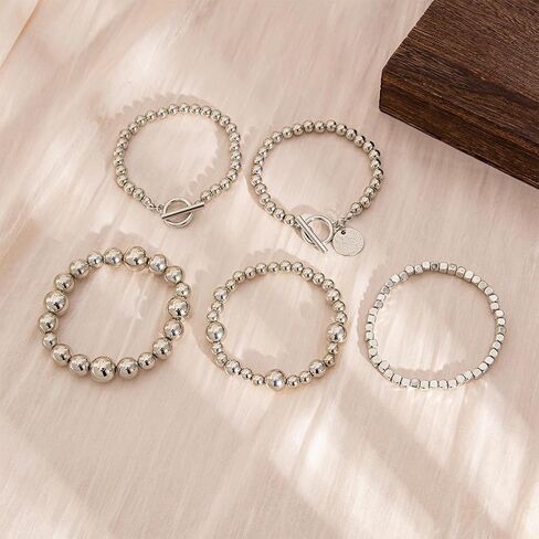 5Pcs Stack Gold Beaded Stretch Bracelets Set for Women Vintage Stackable OT Buckle Bangles Coin Disc Statement Bracelet Trendy Elastic Jewelry Gifts in Saudi Arabia