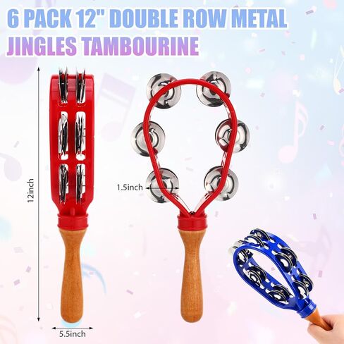 Boao 5 Pack 12 Inch Hand Held Tambourine for Adults Colorful Double Row Metal Jingles Tambourine Musical Instrument Percussion with Ergonomic Wooden Handle Grip Tambourines for Adults Church Party in Saudi Arabia