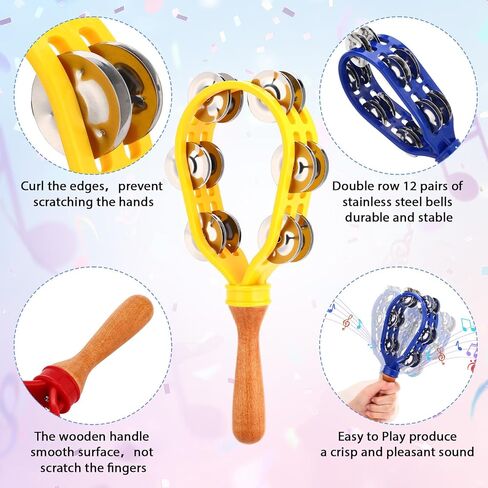 Boao 5 Pack 12 Inch Hand Held Tambourine for Adults Colorful Double Row Metal Jingles Tambourine Musical Instrument Percussion with Ergonomic Wooden Handle Grip Tambourines for Adults Church Party in Saudi Arabia