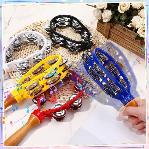 Boao 5 Pack 12 Inch Hand Held Tambourine for Adults Colorful Double Row Metal Jingles Tambourine Musical Instrument Percussion with Ergonomic Wooden Handle Grip Tambourines for Adults Church Party in Saudi Arabia
