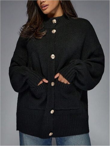 MakeMeChic Women's Long Sleeve Cardigan Mock Neck Button Down Sweater with Double Pocket in Saudi Arabia