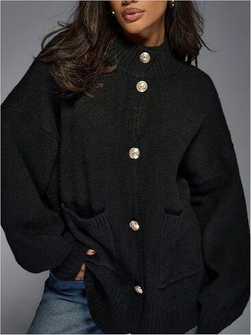 MakeMeChic Women's Long Sleeve Cardigan Mock Neck Button Down Sweater with Double Pocket in Saudi Arabia