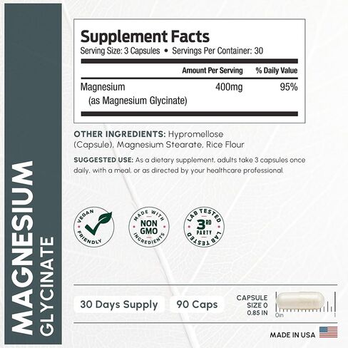 Pure Magnesium Glycinate 400mg Serving - High Absorption Magnesium Glycinate - Mag Bisglycinate for Stress, Bones, Muscles, Nerves, Relaxation & Heart Healt - 90 Capsules in Kuwait