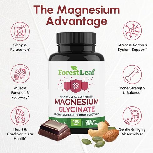 Pure Magnesium Glycinate 400mg Serving - High Absorption Magnesium Glycinate - Mag Bisglycinate for Stress, Bones, Muscles, Nerves, Relaxation & Heart Healt - 90 Capsules in Kuwait