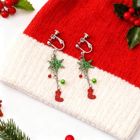 Christmas Clip On Earrings for Women, Non-Pierced, Red Green Snowflake Jingle Bell Cane Knot Dangle, Colorful Festival Party Jewelry, Holiday Drop Earrings in Saudi Arabia