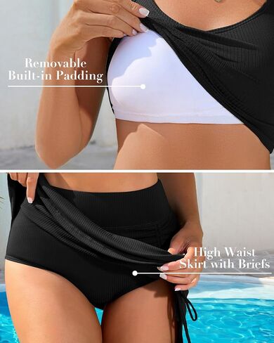 Women Tummy Control 2 Piece Bikini Sets Ribbed Sporty Bikini High Waisted Skirted Swimsuit in Saudi Arabia