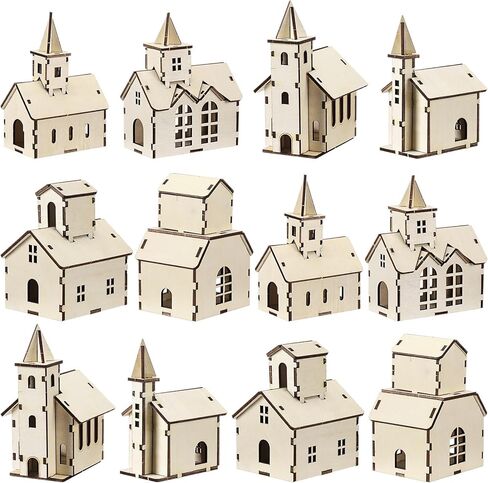 Hiboom 12 Pcs DIY Christmas Village Sets Wood Peaked Roof House Christmas Mini Wooden House Gift for Winter Xmas Party Decorations in Saudi Arabia