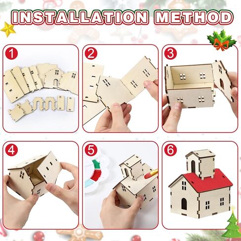 Hiboom 12 Pcs DIY Christmas Village Sets Wood Peaked Roof House Christmas Mini Wooden House Gift for Winter Xmas Party Decorations in Saudi Arabia