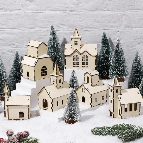 Hiboom 12 Pcs DIY Christmas Village Sets Wood Peaked Roof House Christmas Mini Wooden House Gift for Winter Xmas Party Decorations in Saudi Arabia