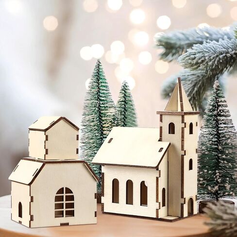 Hiboom 12 Pcs DIY Christmas Village Sets Wood Peaked Roof House Christmas Mini Wooden House Gift for Winter Xmas Party Decorations in Saudi Arabia