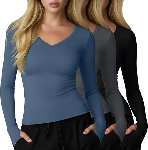 3 Pack Womens Long Sleeve Compression Shirts Workout Yoga V Neck Thumb Hole Tight Tops Lightweight Gym Running Tees in Saudi Arabia