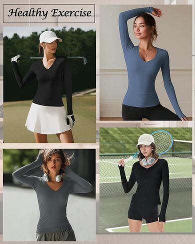 3 Pack Womens Long Sleeve Compression Shirts Workout Yoga V Neck Thumb Hole Tight Tops Lightweight Gym Running Tees in Saudi Arabia