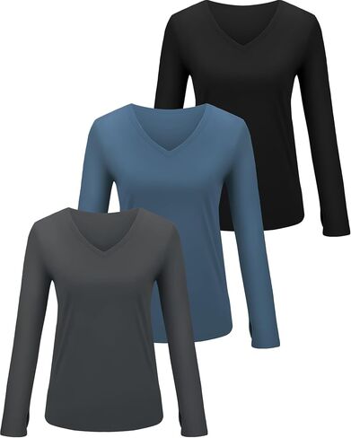 3 Pack Womens Long Sleeve Compression Shirts Workout Yoga V Neck Thumb Hole Tight Tops Lightweight Gym Running Tees in Saudi Arabia