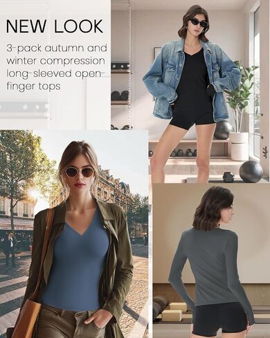 3 Pack Womens Long Sleeve Compression Shirts Workout Yoga V Neck Thumb Hole Tight Tops Lightweight Gym Running Tees in Saudi Arabia