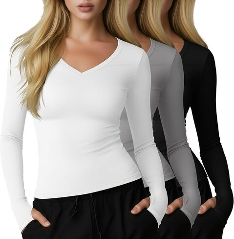3 Pack Womens Long Sleeve Compression Shirts Workout Yoga V Neck Thumb Hole Tight Tops Lightweight Gym Running Tees in Saudi Arabia