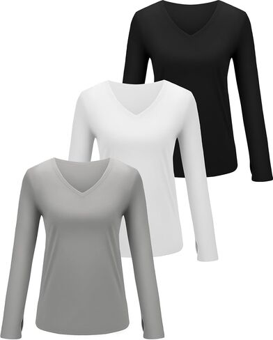 3 Pack Womens Long Sleeve Compression Shirts Workout Yoga V Neck Thumb Hole Tight Tops Lightweight Gym Running Tees in Saudi Arabia