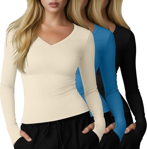 3 Pack Womens Long Sleeve Compression Shirts Workout Yoga V Neck Thumb Hole Tight Tops Lightweight Gym Running Tees in Saudi Arabia