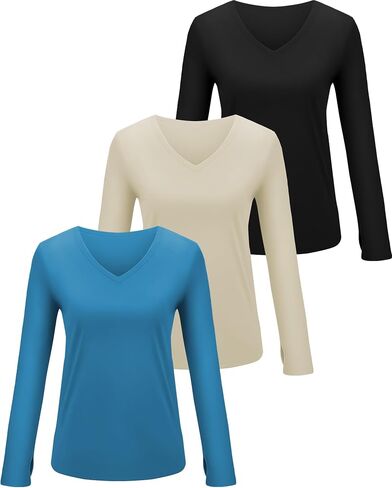 3 Pack Womens Long Sleeve Compression Shirts Workout Yoga V Neck Thumb Hole Tight Tops Lightweight Gym Running Tees in Saudi Arabia