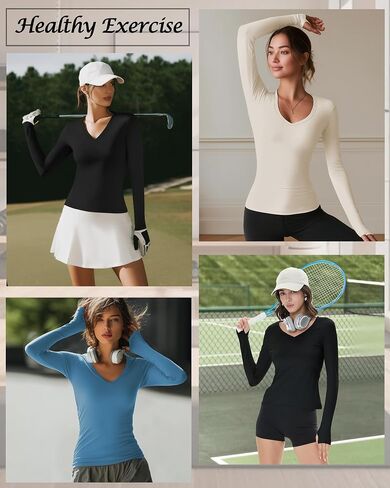 3 Pack Womens Long Sleeve Compression Shirts Workout Yoga V Neck Thumb Hole Tight Tops Lightweight Gym Running Tees in Saudi Arabia