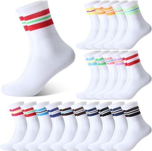 Newcotte 20 Pairs Colorful Striped Crew Socks Retro Cotton Striped Tube Athletic Cushion Socks for Women Men Sports Running in Kuwait