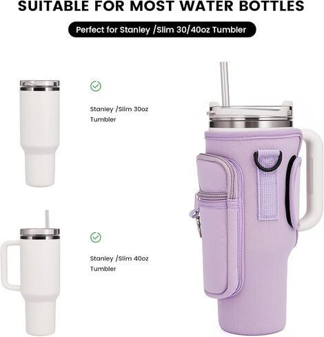 Water Bottle Carrier Bag Holder with Phone Pocket Adjustable Strap for Stanley 30 40oz, Insulated Neoprene Cover Sleeve Sling Crossbody Bag for Walking Camping Hiking Travelling in Saudi Arabia