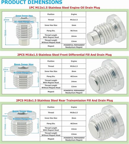 5 PCS Magnetic Stainless Steel Engine Front Differential Rear Transmission Oil Drain Fill Plug Kit, fits Polaris General Rzr Ranger Sportsman Replace 7052306 2203738 2203739 3234756 3234755 in Kuwait