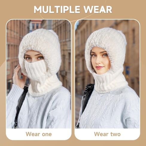 3 in 1 Beanie Hat for Women, Winter Warm Knitted Balaclava Scarf with Face Cover, Windproof Fleece Lined Ski Snow Hat in Saudi Arabia