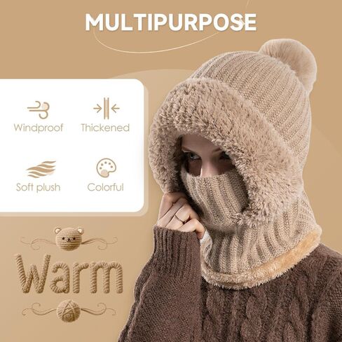 3 in 1 Beanie Hat for Women, Winter Warm Knitted Balaclava Scarf with Face Cover, Windproof Fleece Lined Ski Snow Hat in Saudi Arabia