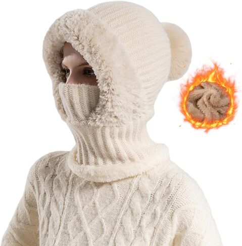 3 in 1 Beanie Hat for Women, Winter Warm Knitted Balaclava Scarf with Face Cover, Windproof Fleece Lined Ski Snow Hat in Saudi Arabia