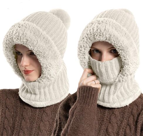3 in 1 Beanie Hat for Women, Winter Warm Knitted Balaclava Scarf with Face Cover, Windproof Fleece Lined Ski Snow Hat in Saudi Arabia