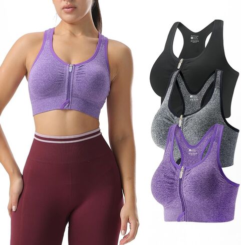 Zip Front Sports Bras for Women-Raceback Pack pack bra pack for workout Yoga Gym Running in Kuwait