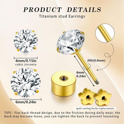 20G G23 Titanium Flat Back Stud Earrings, Golden Silvery Tragus Labret Cartilage Helix Body Piercing Jewelry of 4-6MM Cubic Zirconia for Women Men in Saudi Arabia