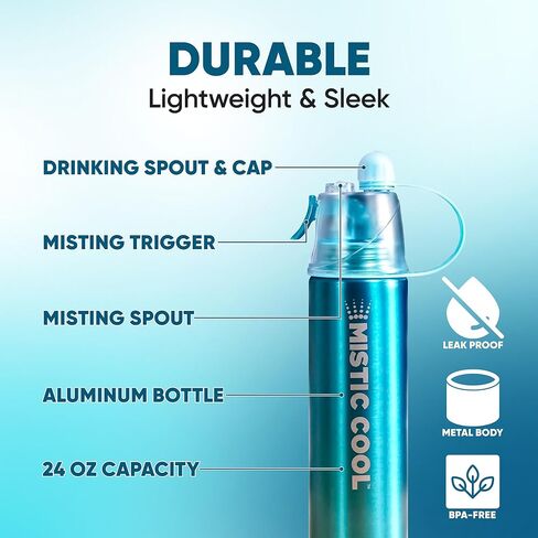 MISTIC COOL Aluminum Sports Water Bottle with Mister | 24 oz, BPA-Free, 2-in-1 Portable Spray Bottle – Ideal for Sports, Boating, Running, Hiking, Workouts | 2-Pack in Kuwait