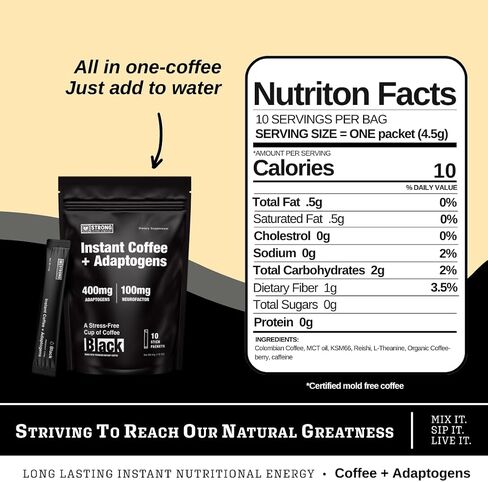 STRONG COFFEE COMPANY | BLACK | PREMIUM ORGANIC INSTANT BLACK COFFEE | 10 SINGLE SERVINGS PER PACK - Smooth Taste, Dairy Free, Keto Friendly, Gluten Free, Enjoy Hot or Cold, Just Add Water in Saudi Arabia