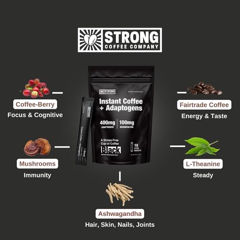 STRONG COFFEE COMPANY | BLACK | PREMIUM ORGANIC INSTANT BLACK COFFEE | 10 SINGLE SERVINGS PER PACK - Smooth Taste, Dairy Free, Keto Friendly, Gluten Free, Enjoy Hot or Cold, Just Add Water in Saudi Arabia