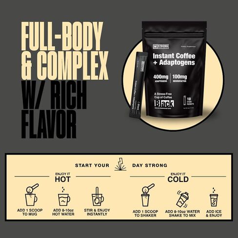STRONG COFFEE COMPANY | BLACK | PREMIUM ORGANIC INSTANT BLACK COFFEE | 10 SINGLE SERVINGS PER PACK - Smooth Taste, Dairy Free, Keto Friendly, Gluten Free, Enjoy Hot or Cold, Just Add Water in Saudi Arabia