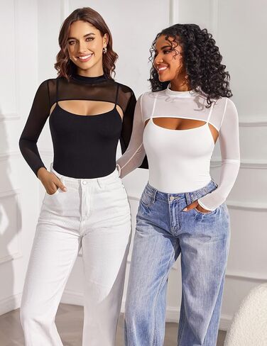Avidlove Womens Long Sleeve Bodysuits Mock Turtle Neck Shapewear Bodysuit Sexy Mesh Bodysuit Two Piece Outfit Cami Tops in Saudi Arabia