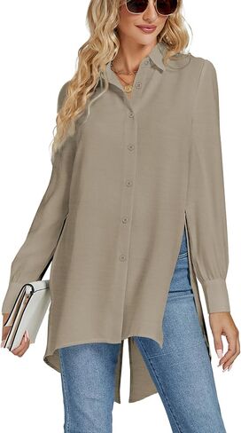 LYANER Women's Collar V Neck Split Hem Button Down Long Sleeve Long Shirt Blouse Tunic Top in Saudi Arabia