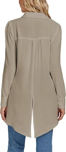 LYANER Women's Collar V Neck Split Hem Button Down Long Sleeve Long Shirt Blouse Tunic Top in Saudi Arabia