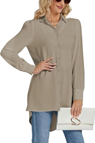 LYANER Women's Collar V Neck Split Hem Button Down Long Sleeve Long Shirt Blouse Tunic Top in Saudi Arabia