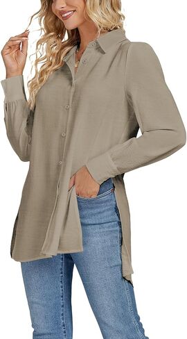 LYANER Women's Collar V Neck Split Hem Button Down Long Sleeve Long Shirt Blouse Tunic Top in Saudi Arabia