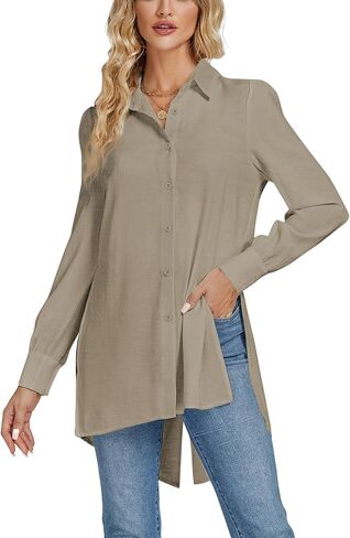 LYANER Women's Collar V Neck Split Hem Button Down Long Sleeve Long Shirt Blouse Tunic Top in Saudi Arabia