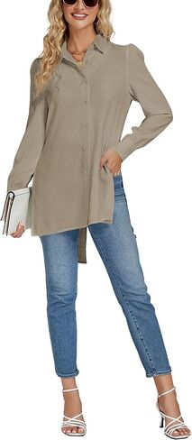 LYANER Women's Collar V Neck Split Hem Button Down Long Sleeve Long Shirt Blouse Tunic Top in Saudi Arabia