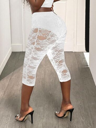 Women's Lace See Through Capri Pants Sheer Mesh 3/4 Length Leggings Skinny Party Trousers in Saudi Arabia